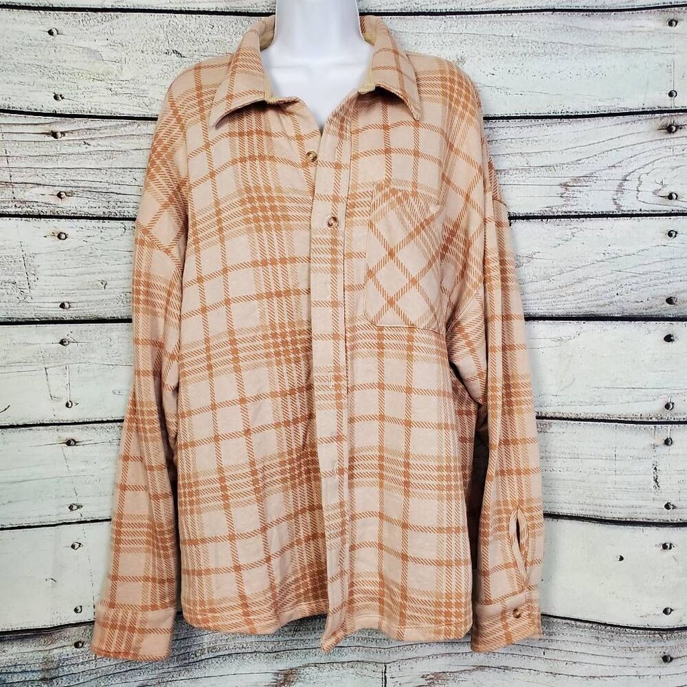 Victoria’s Secret PINK Women’s Oversized Plaid Button Down Shirt Beige Tan Size